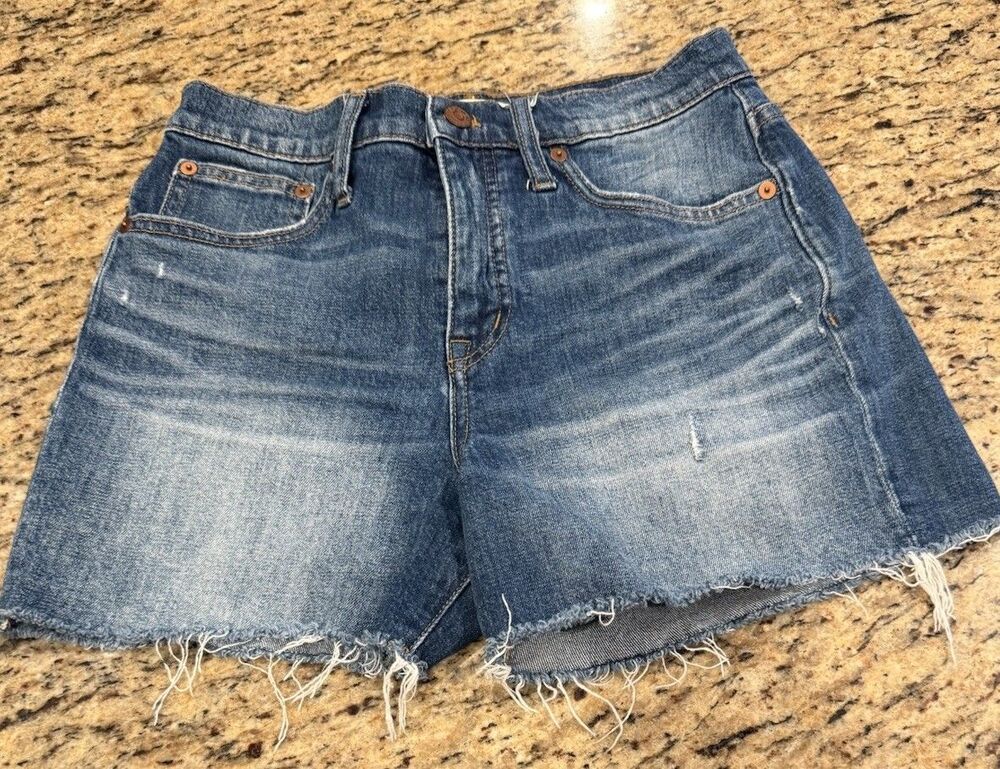 Madewell Womens Blue Frayed Relaxed Mid Length Cut Off Denim Shorts Sz 25